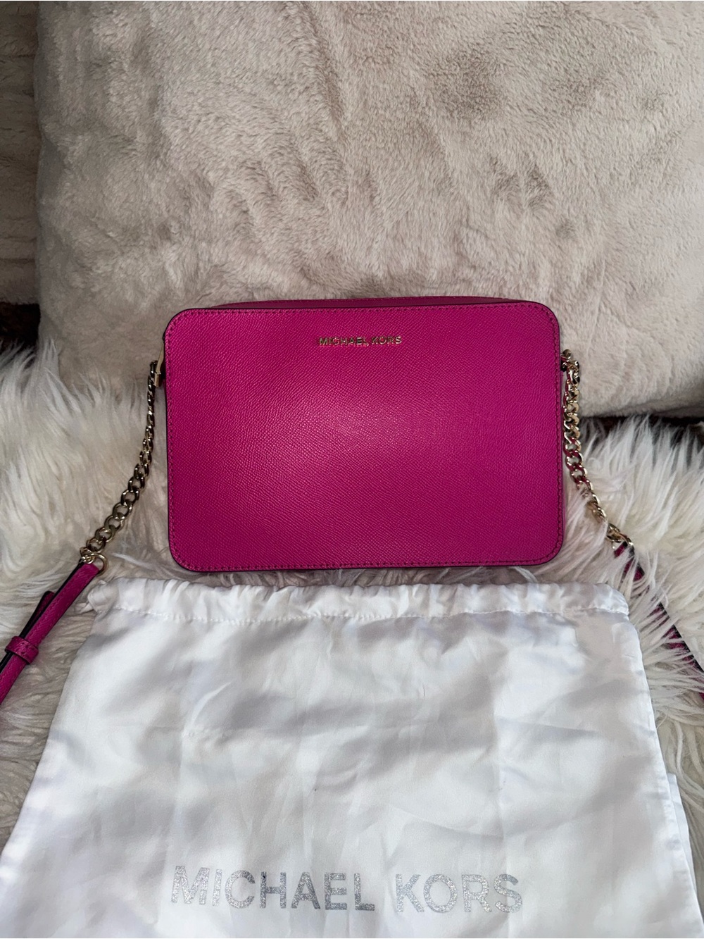 Michael Kors Hot Pink Saffiano Crossbody with Gold Chain
